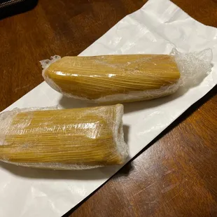 Two very neatly wrapped cheese and jalapeño tamales. It was so good that I was tempted to eat both but the other was for hubby