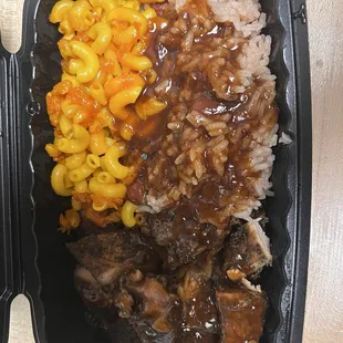 Jamaican Jerk Chicken, Mac &amp; Cheese, Coconut Rice and Peas