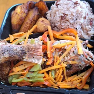 Whole Red Snapper (Escoveitch) with Sweet Plantains and Coconut Rice and Peas