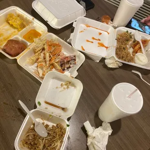 Crawfish fried rice crab legs catfish nuggets and fried rice and shrimp fried rice limeade and horchata