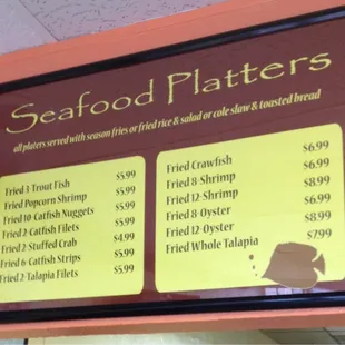 Seafood platters menu