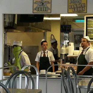 a group of people in a restaurant