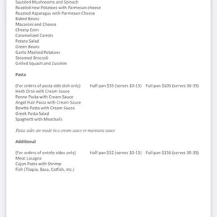 Menu that was posted on his website from the time of placing our order to the time of us receiving our quote.
