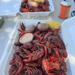 Crawfish, potatoes and corn.