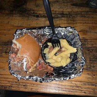 Chopped brisket sandwich and Mac and cheese