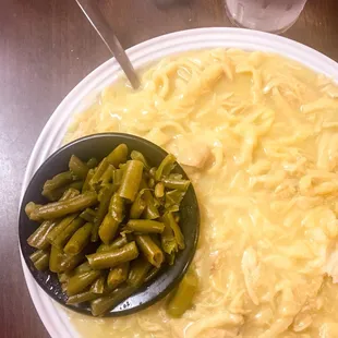 On Monday nights you can get chicken and noodles. This is the dinner. Served over mashed potatoes with choice of side.