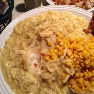 Chicken And noodles over mashed potatoes and corn. Huge portion and only $7.50!!
