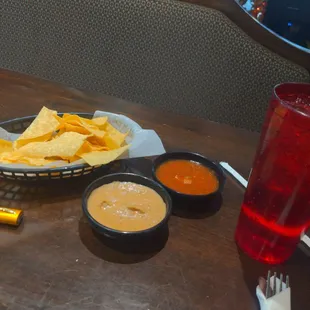 At the table as soon as I sat down!  Bean dip, queso fresco and..... Waaay too much water... Save the water!!!