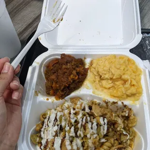 Jerk chicken pasta with mac n cheese and yams