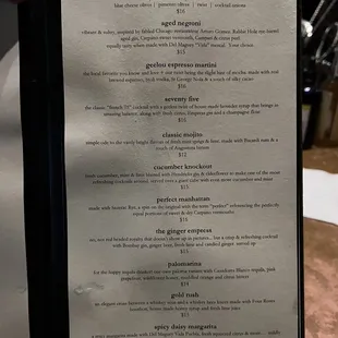 Cocktail menu