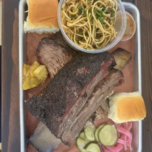 Brisket, Dino rib and garlic noodles