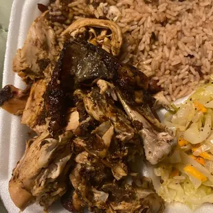 Bones and dry rice, no gravy or chicken. Just bones and part of a thigh.