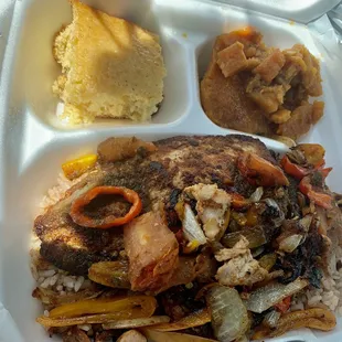 Jerk salmon rice n pea cornbread and yams