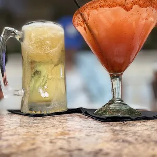 Cold beer &amp; Mango Peach Margarita on the rocks rimmed with Tajin