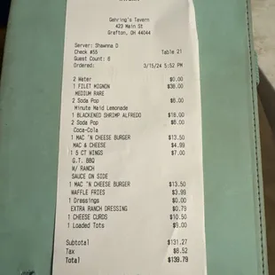 Reciept for apps and dinner for 5, since they forgot to take our 6th person's order.