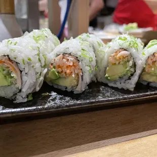 a plate of sushi rolls on a table