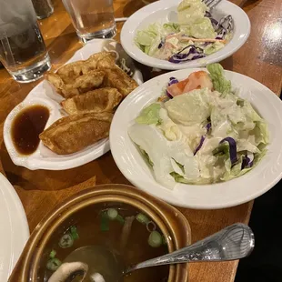 Gyoza, soup, salad