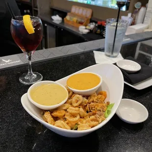 Fried Calamari with dijon (left) and spicy mayo (right)