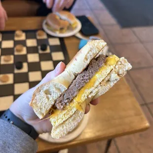 Sausage egg and cheese on jalapeño cheese bagel