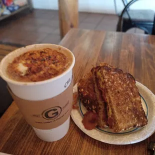 S'MORES latte &amp; apple, bacon, gouda, egg sandwich