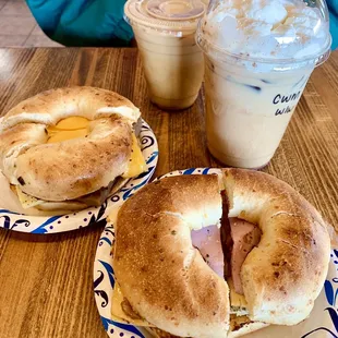 Flying pig sandwich, sausage egg and cheese sandwich, cinnamon white mocha latte, turmeric latte
