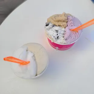 Lychee &amp; Banana (Left) Cookies &amp; Cream, Tiramisu, and Taro (Right)