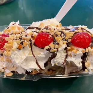 We serve banana splits with three scoops of Gelato of your choice.