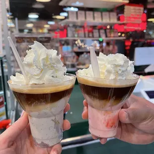 Affogato with vanilla bean gelato (left) and strawberry cheesecake gelato (right)
