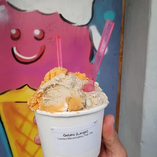 Marshmallow and thai boba milk tea Gelato in a large cup size