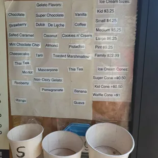 The types of ice cream and the size of the cups
