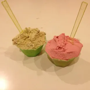 Raspberry and pistachio gelato.