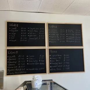 Menu:  gelato, crepes, panini, Italian coffee