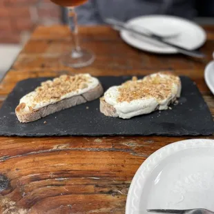 Truffled honey bruschetta. Mild. Could be for breakfast. Should have been daring and had the bone marrow option.