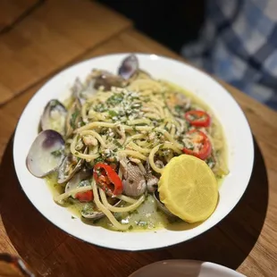 Vongole. Bucatini, clams, Fresno chili and garlic. Fresh parsley.  Has good heat!