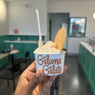 a hand holding a cup of gelato