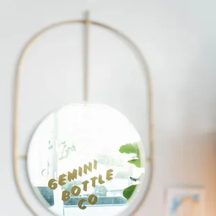 the reflection of a plant in a round mirror