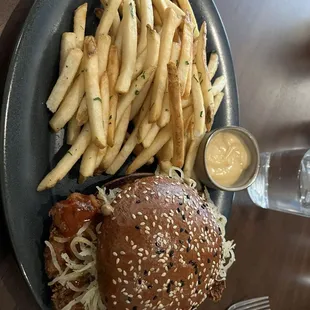 Spectacular Korean fried chicken sandwich with perfect fries.  Great lunch.