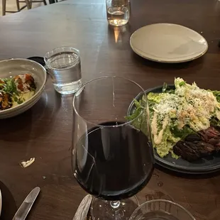 Jumbo shrimp and ceasar salad with steak