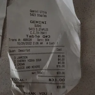 the receipt for the restaurant