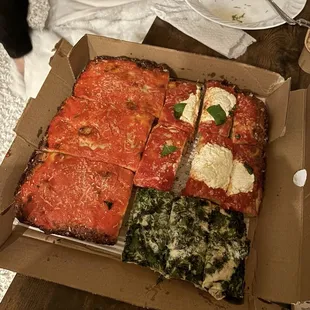 Vodka pizza, burrata pizza, white pizza with all the greens