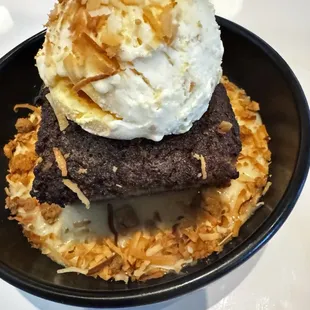 Upside down pineapple cake with ice cream.