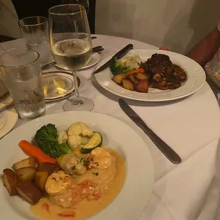 Chicken Elizabeth and filet mignon with the Italian Pinot Grigio and a French red wine.