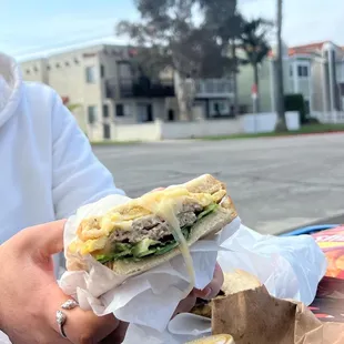 a person holding a sandwich