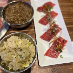 Glass noodles, fried rice, and carpaccio