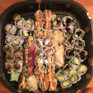 From the top: California roll, Unagi Maki, Montauk roll, spicy tuna, Philadelphia roll, black pearl roll, cucumber avocado.