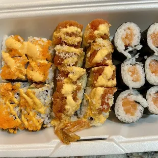 Left to right - Spicy Tuna Roll, Ninja Roll, Salmon Roll