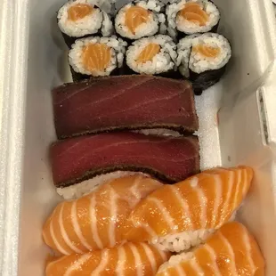 Salmon Belly, Peppered Tuna, Salmon Roll