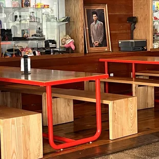 a table and benches in a restaurant
