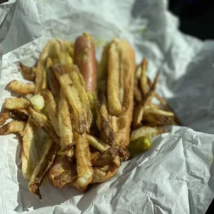 a hot dog and french fries