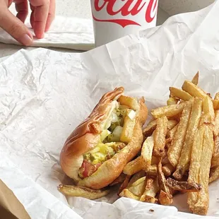 Gene &amp; Jude&apos;s Hot Dog and Fries combo.  Single Hot dog/with Fries